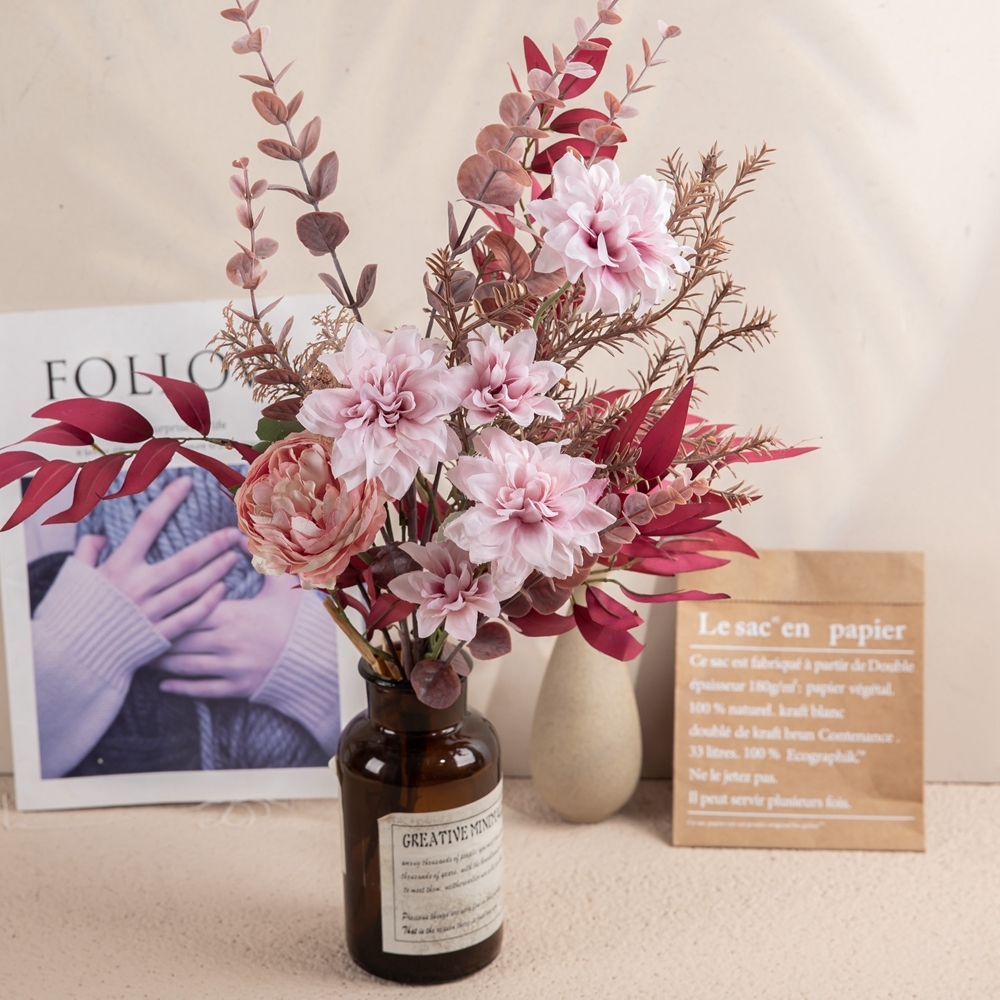 CF01279 New Style Factory Direct Sale Artificial Silk Peony Dahlia Bamboo Leaves Plastic Eucalyptus For Party Weeding Decoration