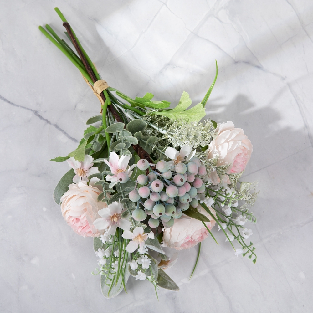 CF01293 Three Pink Peonies with Berry Leaves Design Flower Arrangement Artificial Flower Bouquet for for Home Decoration
