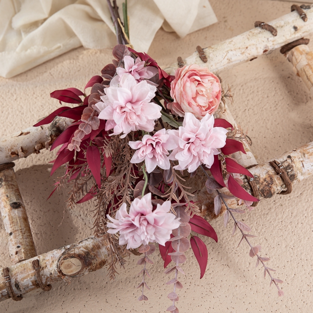 CF01279 New Style Factory Direct Sale Artificial Silk Peony Dahlia Bamboo Leaves Plastic Eucalyptus For Party Weeding Decoration