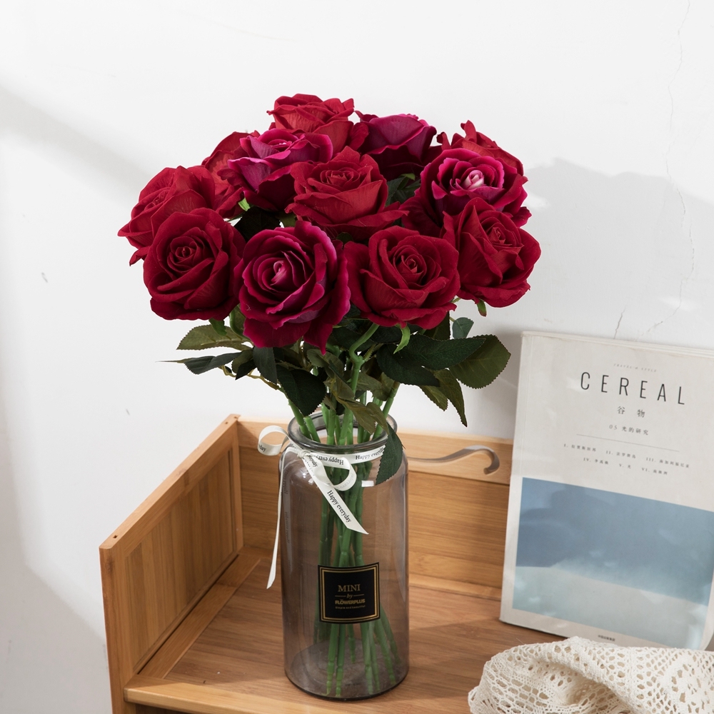 MW03332 Realistic Artificial Flower Artifical Silk Rose Velvet Long Stem Rose Flower For Silk Flowers