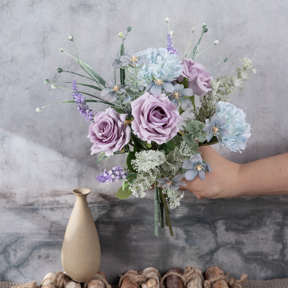 CF01289 Artificial Flowers Silk Purple Rose Blue Carnation Orchid Lavender Bouquet for Wedding Centerpieces Home Party Decor