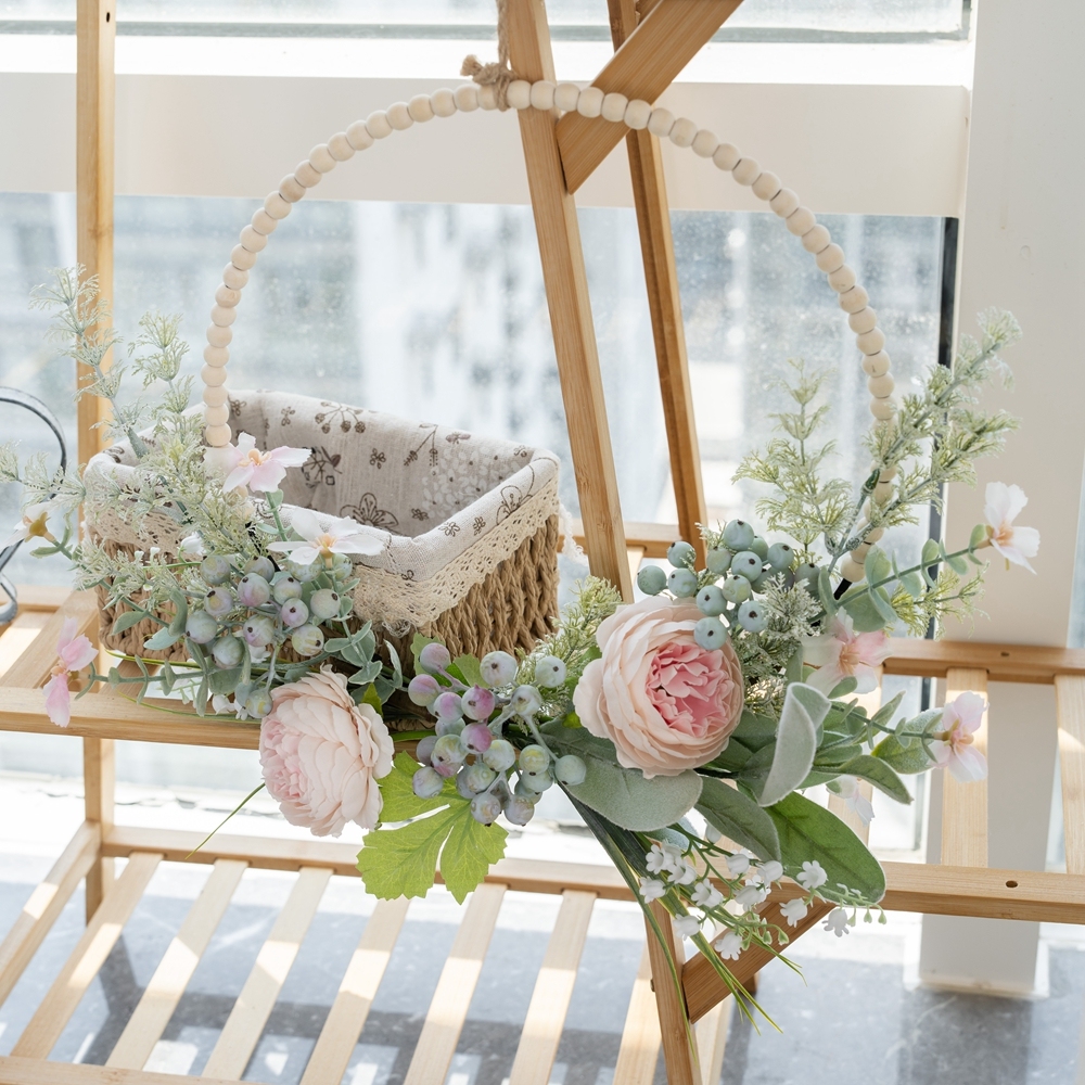 CF01294 Artificial Flower Pink Ranunculus Rose Berry Orchid Wood Beads Flower Wreath for Home Decor Christmas Decor