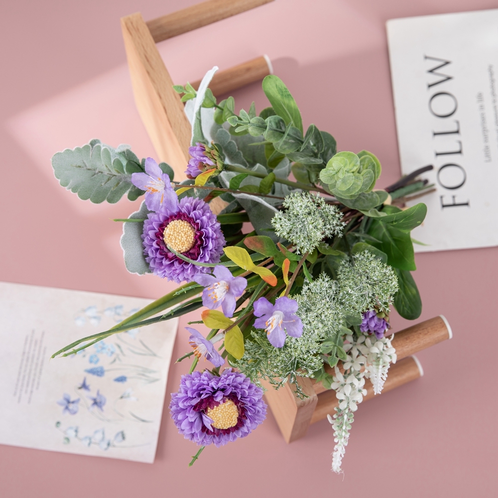 CF01295 Artificial Bouquet Purple round chrysanthemums with leaves bouquet for Home Hotel Wedding Christmas Tables Decorations