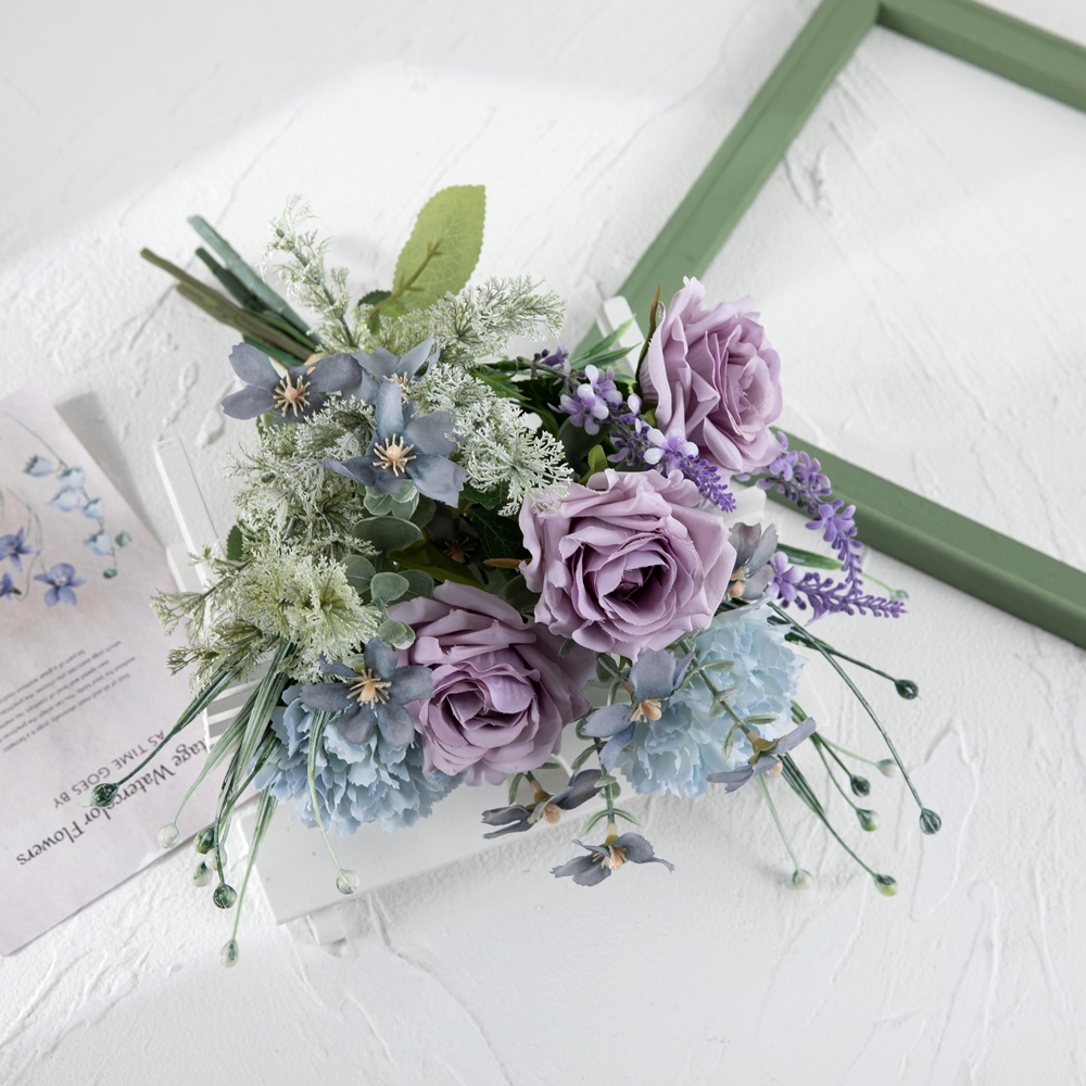 CF01289 Artificial Flowers Silk Purple Rose Blue Carnation Orchid Lavender Bouquet for Wedding Centerpieces Home Party Decor