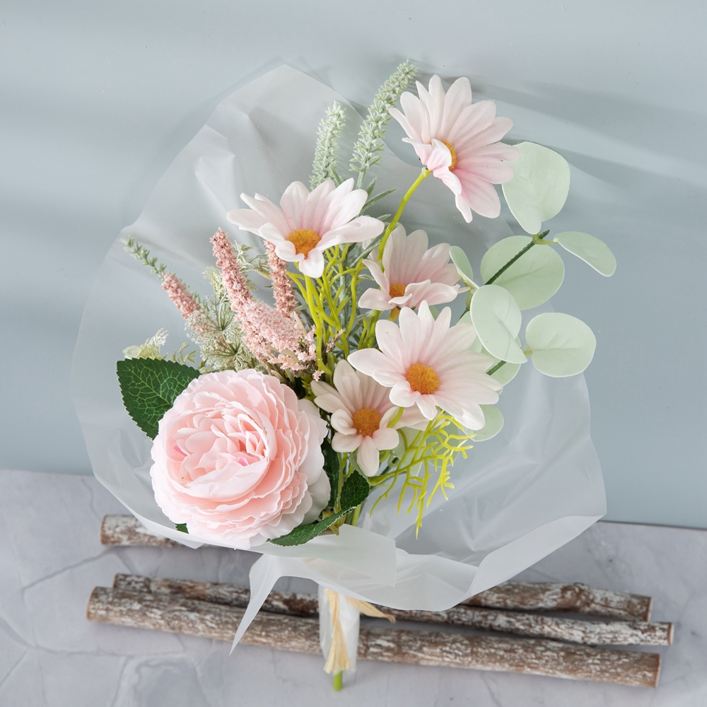 CF01228 New Design Artificial Flower Bouquet Fabric White Pink Sunflower Rose Handle for Home Party Wedding Decoration