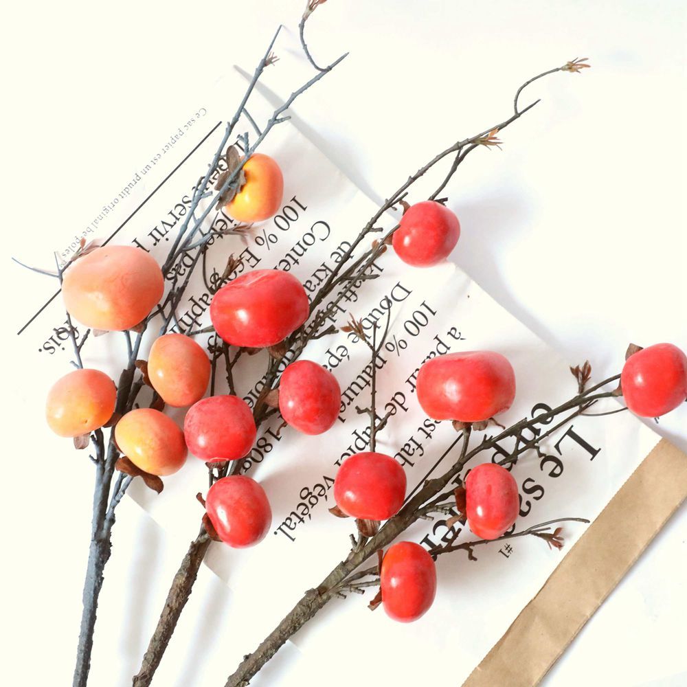 MW25582 Artificial Flowers Foam Fruit 5 heads persimmon branches Holiday Decoration Wholesale in Bulk for event christmas