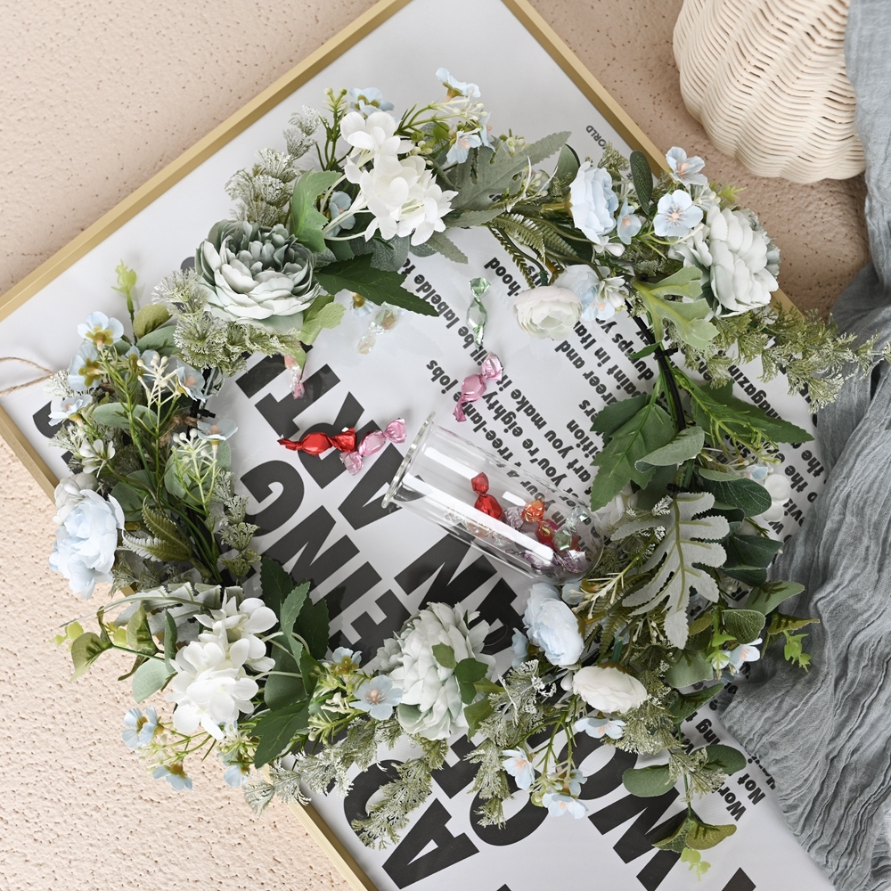 CF01093 Cheap Artificial Rose Hydrangea Plum Eucalyptus Wreath Artificial Flower Wall Backdrop For Festive Decorations