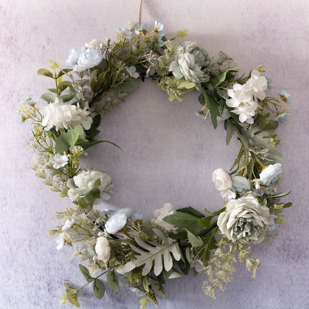 CF01093 Cheap Artificial Rose Hydrangea Plum Eucalyptus Wreath Artificial Flower Wall Backdrop For Festive Decorations