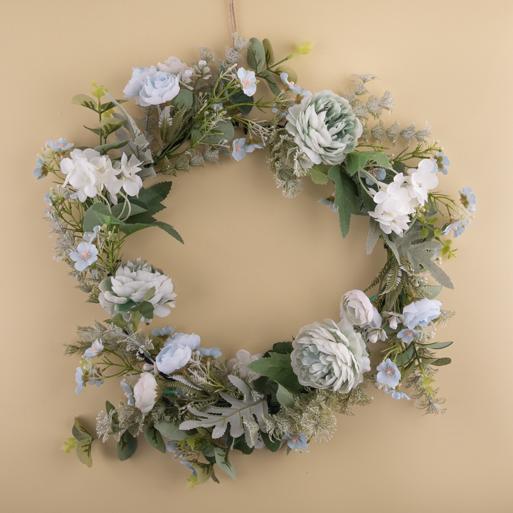 CF01093 Cheap Artificial Rose Hydrangea Plum Eucalyptus Wreath Artificial Flower Wall Backdrop For Festive Decorations