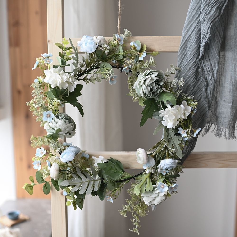 CF01093 Cheap Artificial Rose Hydrangea Plum Eucalyptus Wreath Artificial Flower Wall Backdrop For Festive Decorations