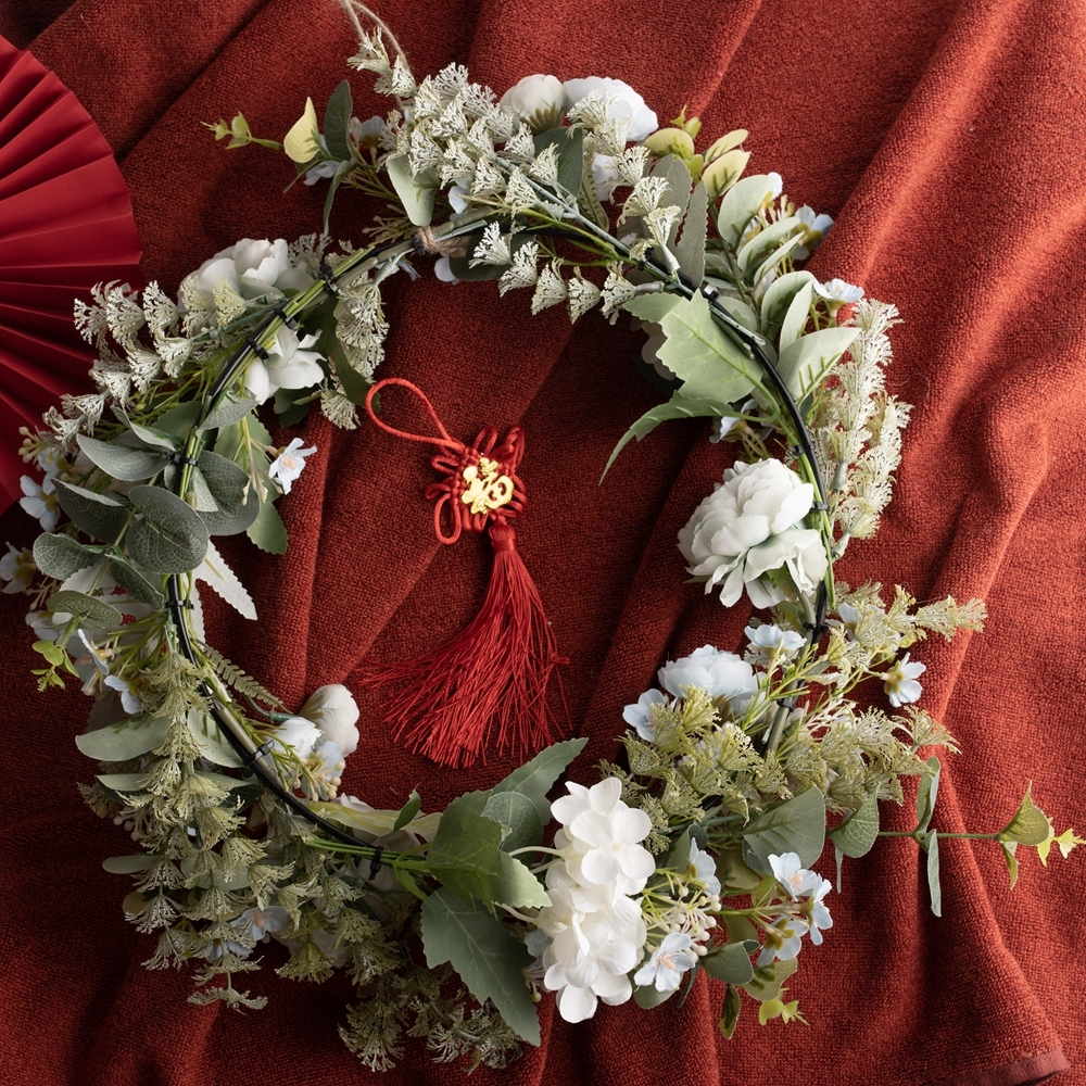 CF01093 Cheap Artificial Rose Hydrangea Plum Eucalyptus Wreath Artificial Flower Wall Backdrop For Festive Decorations