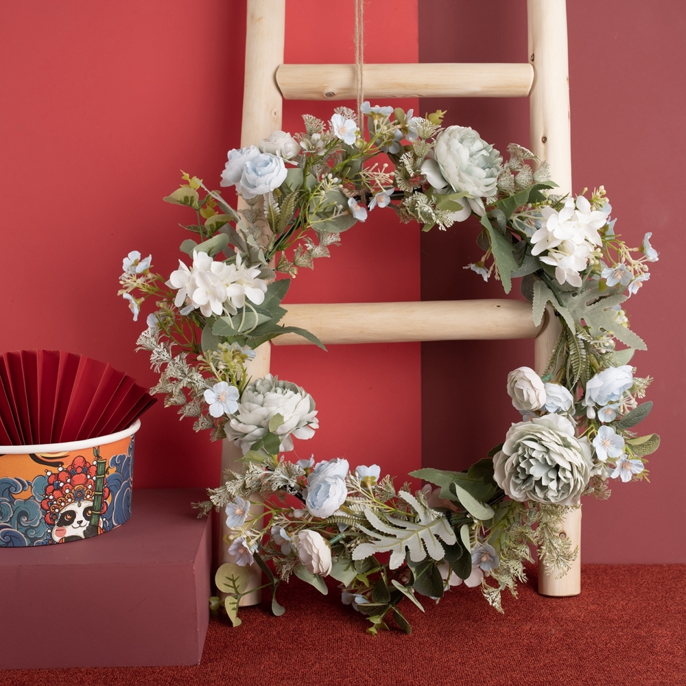CF01093 Cheap Artificial Rose Hydrangea Plum Eucalyptus Wreath Artificial Flower Wall Backdrop For Festive Decorations