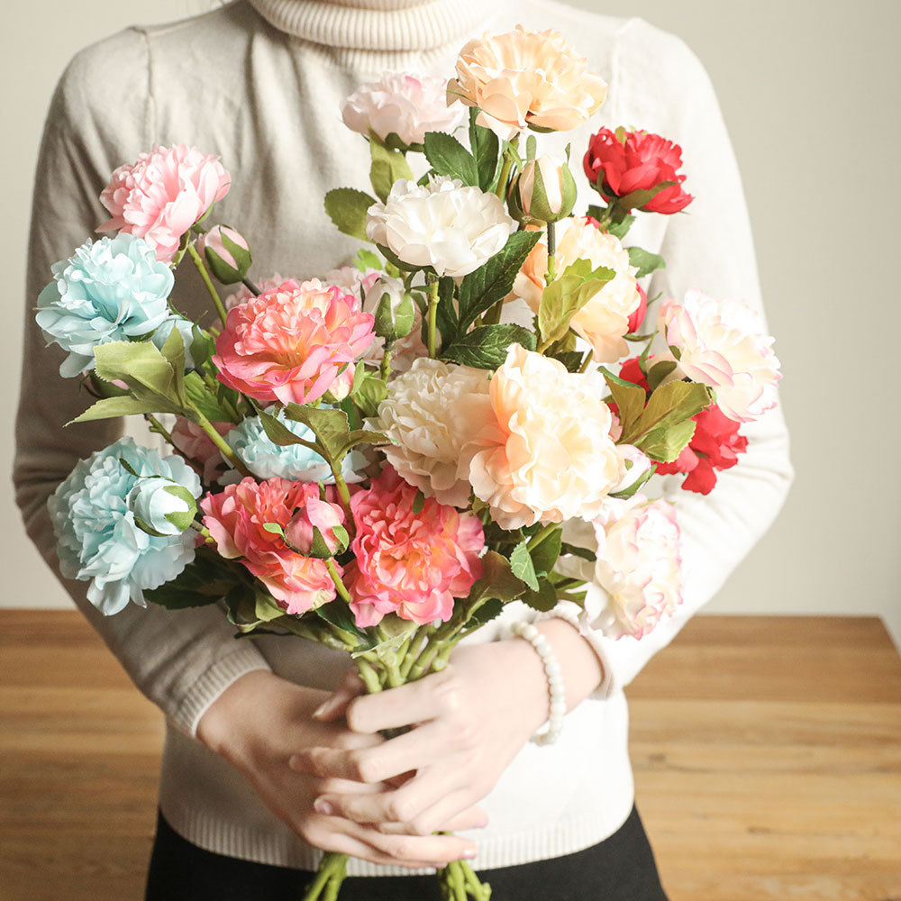 YC1027 Realistic 5 Head Eustoma Faux Flower Faking Peony Artificial Flower Single Spray for Silk Flowers