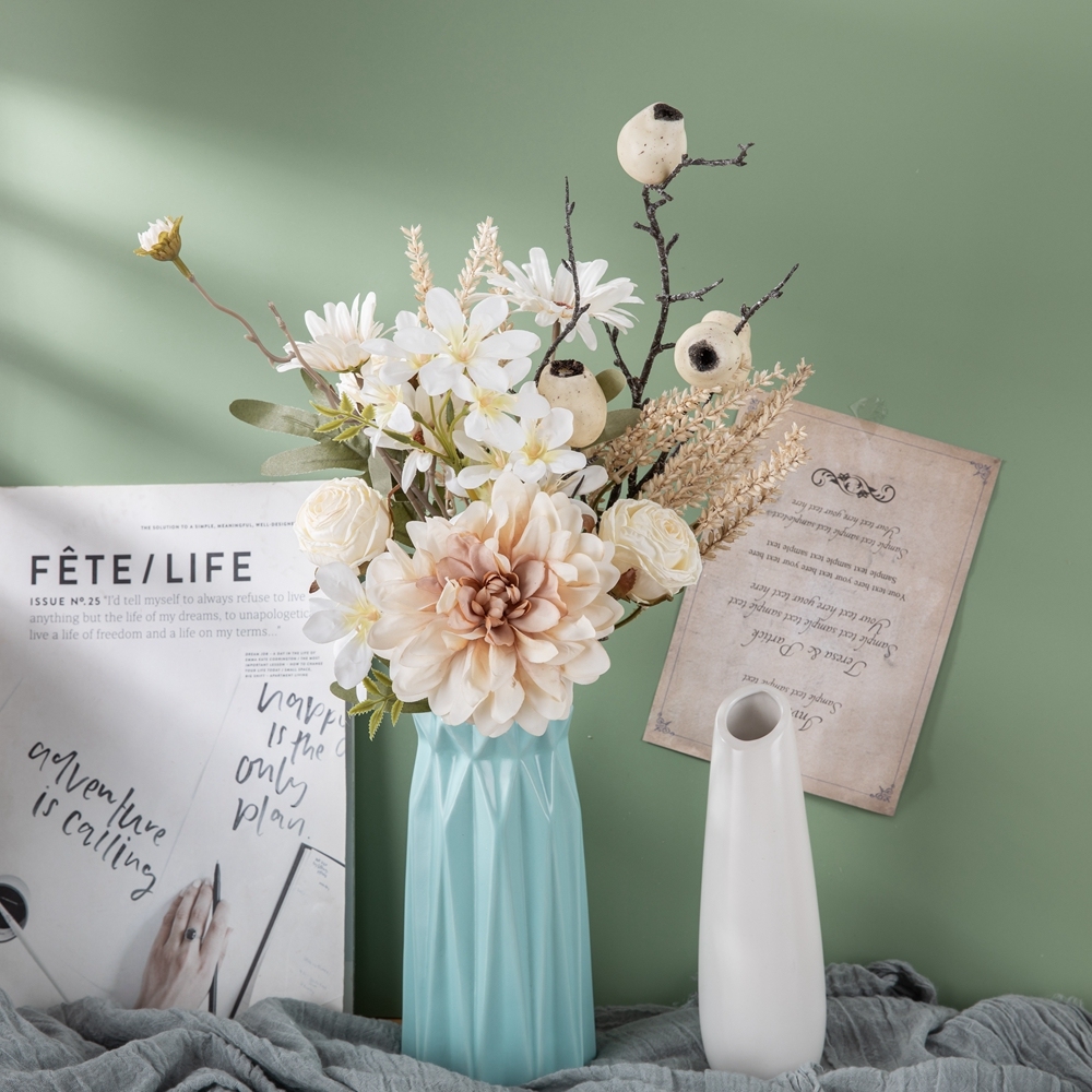 CF01209 Decorative Artificial Flower Wedding Bouquet Rosy Dahlia Chrysanthemum Freesia Foam Fruit Plastic Wheat Bunch/Bundle