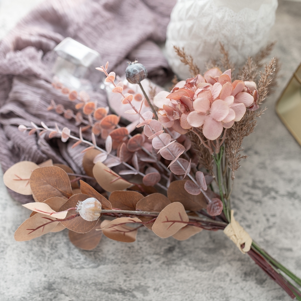 CF01025 Cheap Artificial Flower Bouquet Hydrangea Eucalyptus Poppy Plastic Astilbe For Mother's Day gift