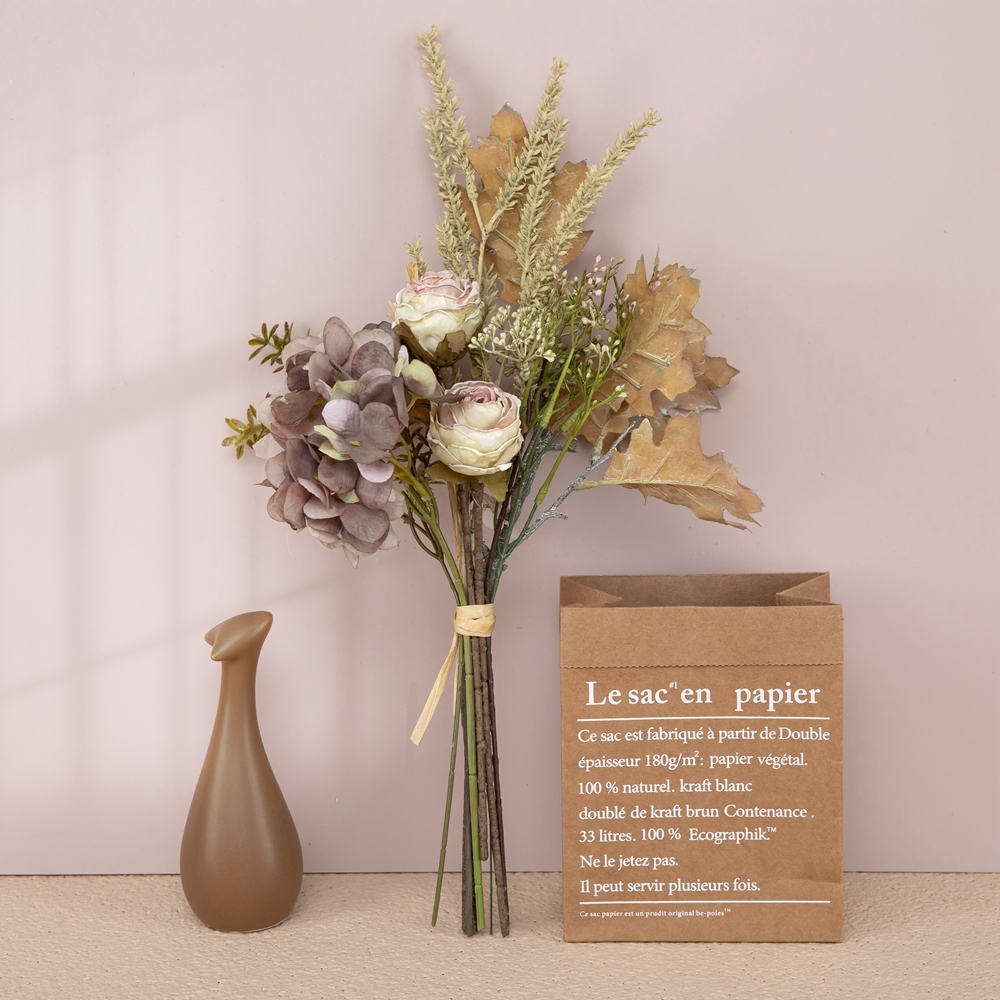 CF01210 Factory Direct Sale Artificial Flower Hydrangea Dry-burnt Rose Acorn Leaf Bouquet for Home Party Wedding Decoration