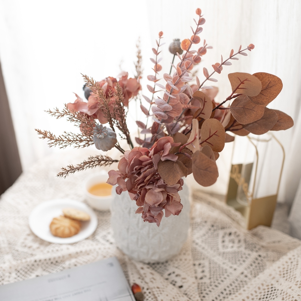CF01025 Cheap Artificial Flower Bouquet Hydrangea Eucalyptus Poppy Plastic Astilbe For Mother's Day gift