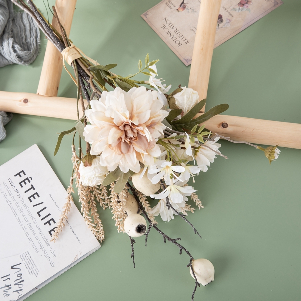 CF01209 Decorative Artificial Flower Wedding Bouquet Rosy Dahlia Chrysanthemum Freesia Foam Fruit Plastic Wheat Bunch/Bundle