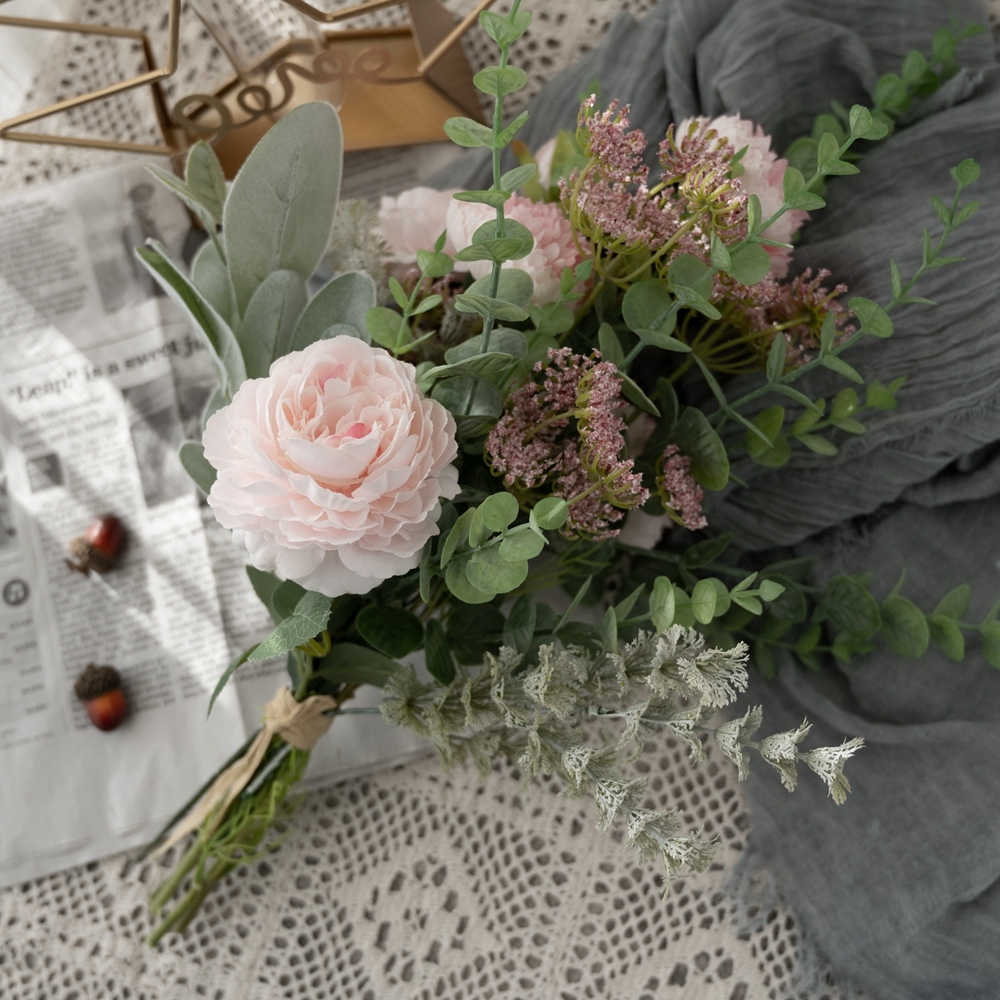 CF01029 New Design Artificial Flower Bouquet Peony Eucalyptus Flocking leaves For Bridal Bouquet