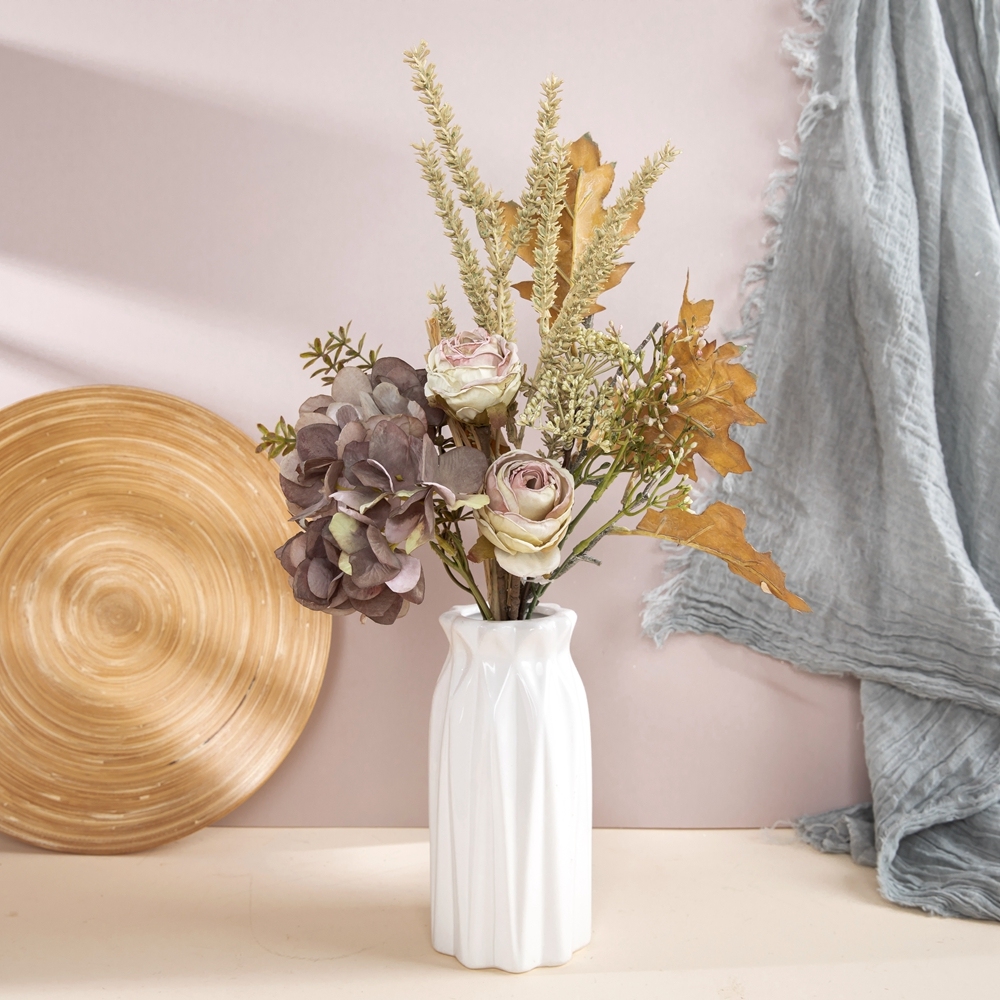 CF01210 Factory Direct Sale Artificial Flower Hydrangea Dry-burnt Rose Acorn Leaf Bouquet for Home Party Wedding Decoration