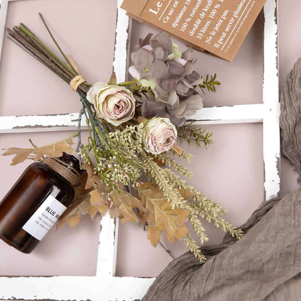 CF01210 Factory Direct Sale Artificial Flower Hydrangea Dry-burnt Rose Acorn Leaf Bouquet for Home Party Wedding Decoration