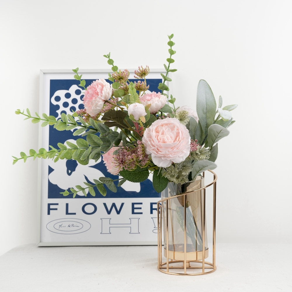 CF01029 New Design Artificial Flower Bouquet Peony Eucalyptus Flocking leaves For Bridal Bouquet