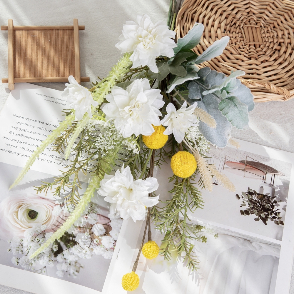 CF01249 New Design Wholesale Spring Summer Artificial Flower Bouquet Dahlia Dandelion Silverleaf Bouquet for Decoration