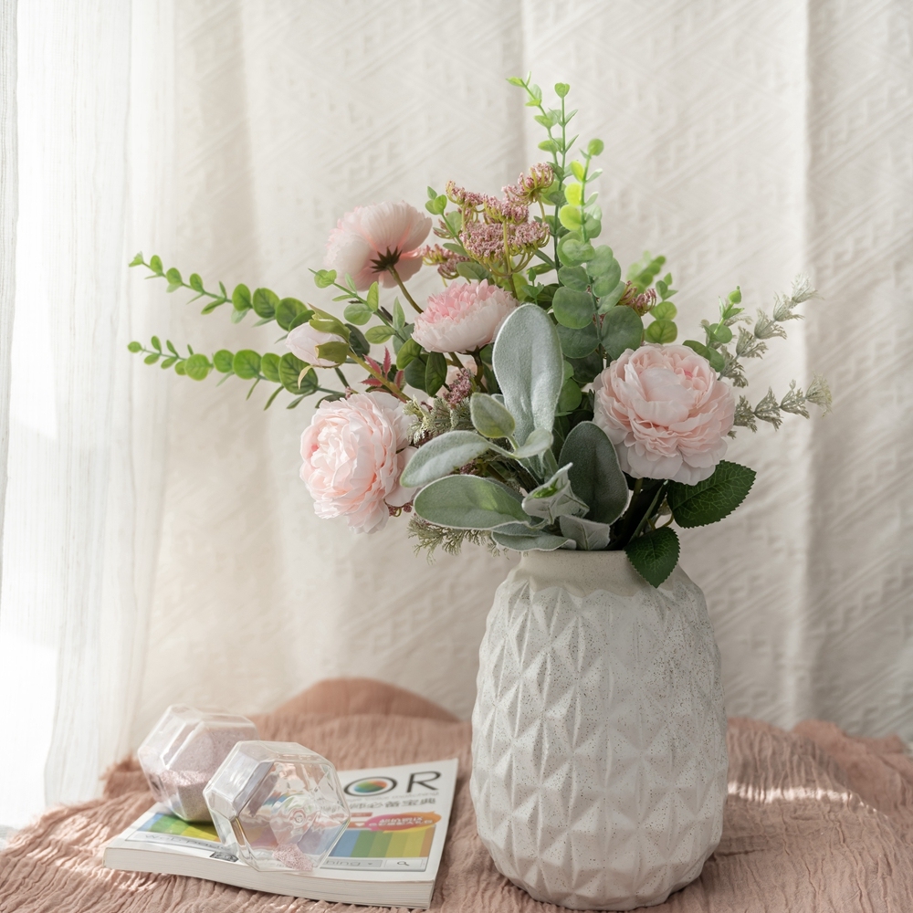 CF01029 New Design Artificial Flower Bouquet Peony Eucalyptus Flocking leaves For Bridal Bouquet