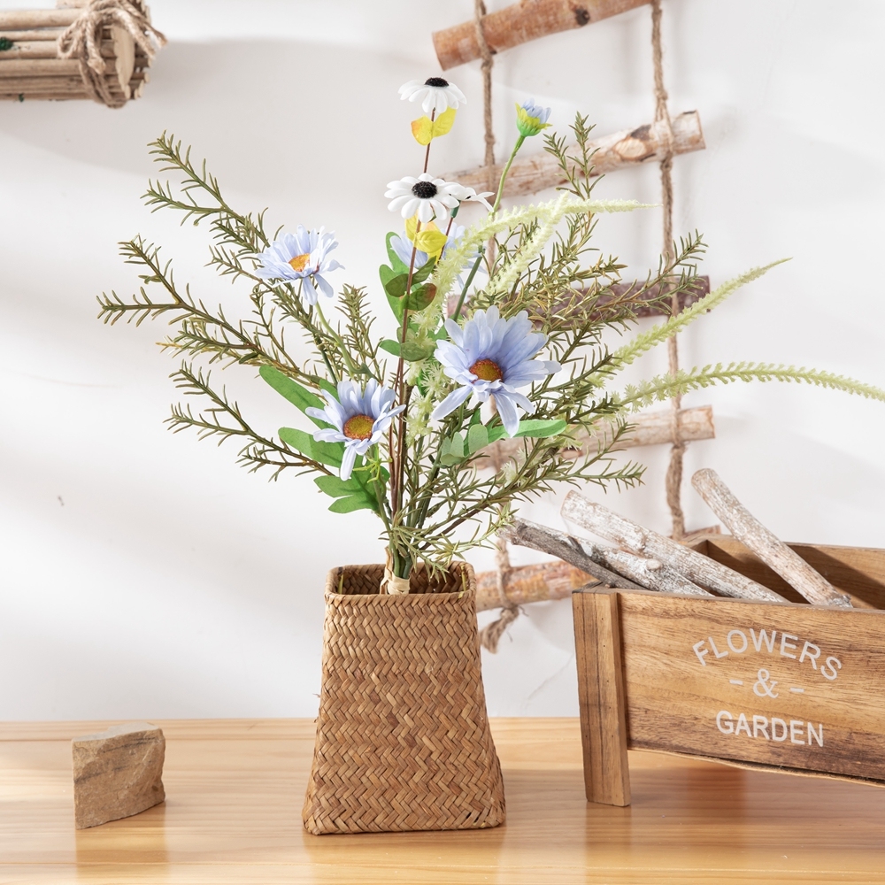 CF01252 Light Blue Daisy Chrysanthemum Gerbera with Sage Rosemary Handmade Artificial Flower Bouquet for Event Party Decoration