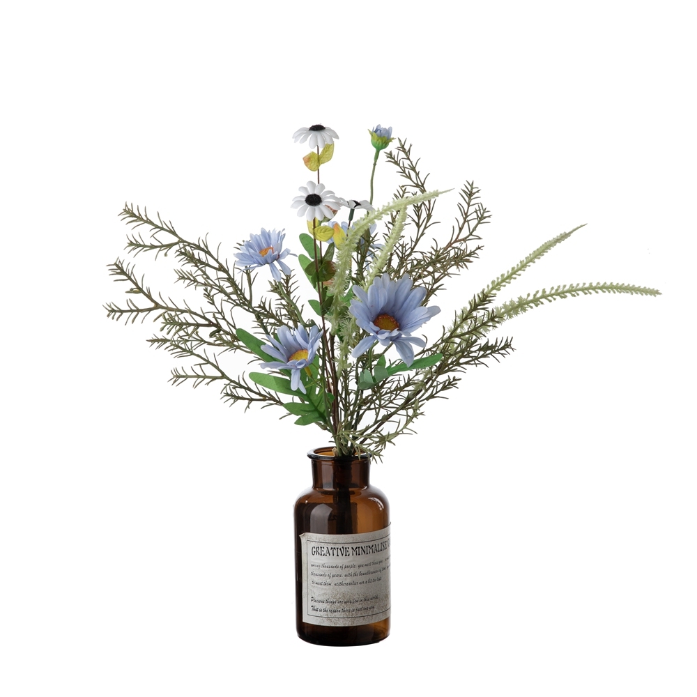 CF01252 Light Blue Daisy Chrysanthemum Gerbera with Sage Rosemary Handmade Artificial Flower Bouquet for Event Party Decoration