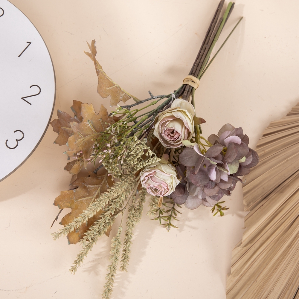 CF01210 Factory Direct Sale Artificial Flower Hydrangea Dry-burnt Rose Acorn Leaf Bouquet for Home Party Wedding Decoration