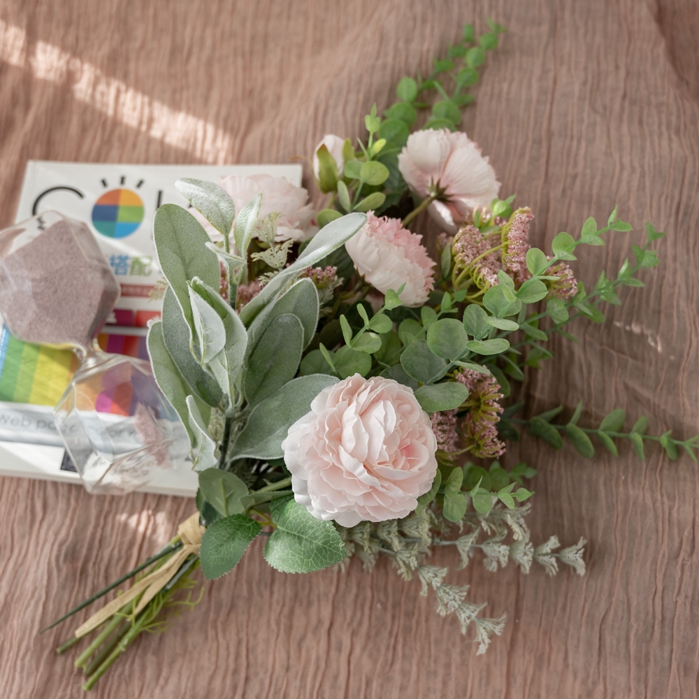 CF01029 New Design Artificial Flower Bouquet Peony Eucalyptus Flocking leaves For Bridal Bouquet
