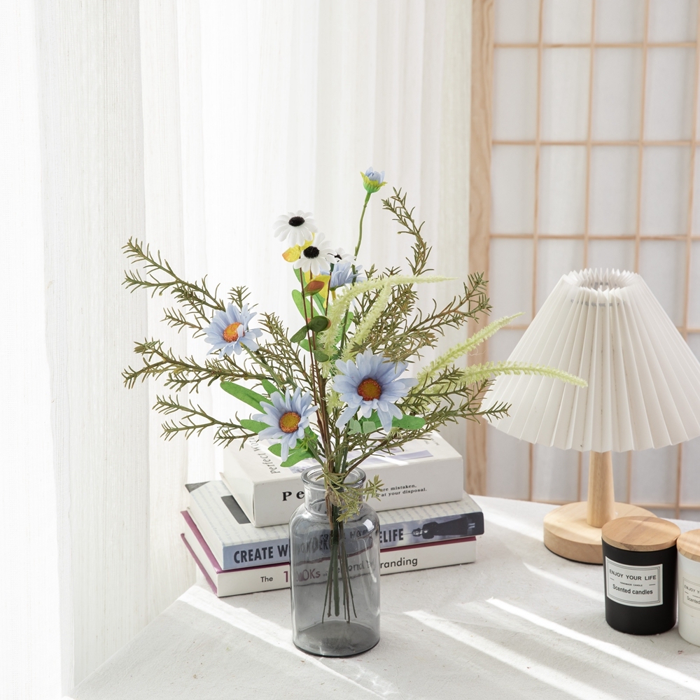CF01252 Light Blue Daisy Chrysanthemum Gerbera with Sage Rosemary Handmade Artificial Flower Bouquet for Event Party Decoration