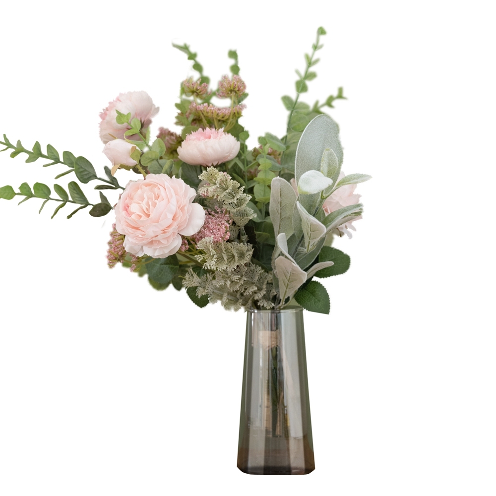 CF01029 New Design Artificial Flower Bouquet Peony Eucalyptus Flocking leaves For Bridal Bouquet