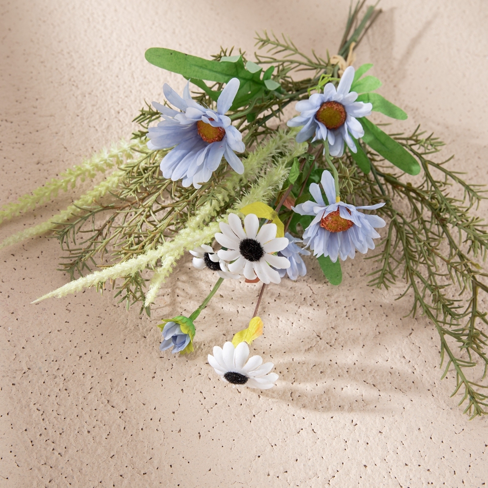 CF01252 Light Blue Daisy Chrysanthemum Gerbera with Sage Rosemary Handmade Artificial Flower Bouquet for Event Party Decoration