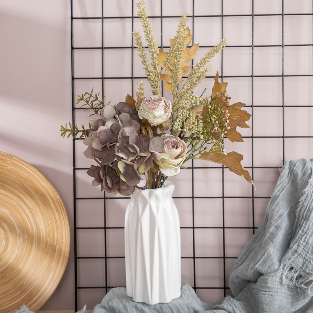 CF01210 Factory Direct Sale Artificial Flower Hydrangea Dry-burnt Rose Acorn Leaf Bouquet for Home Party Wedding Decoration