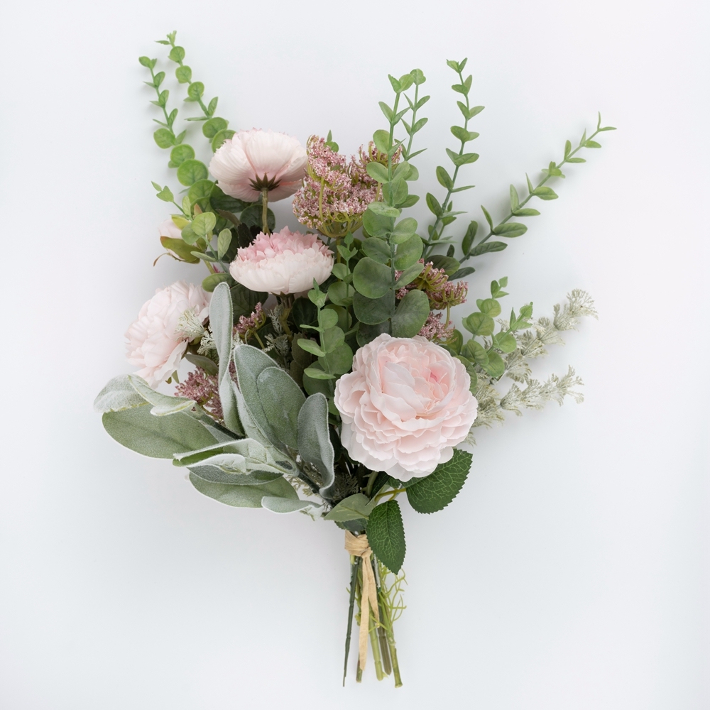 CF01029 New Design Artificial Flower Bouquet Peony Eucalyptus Flocking leaves For Bridal Bouquet