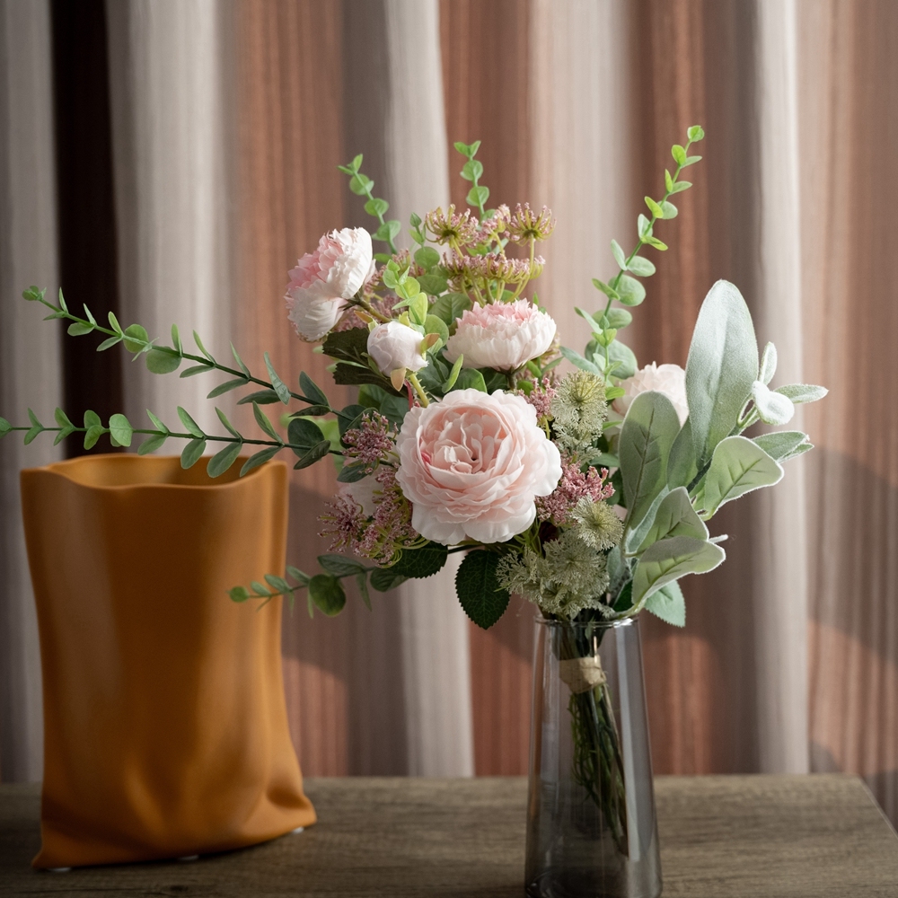 CF01029 New Design Artificial Flower Bouquet Peony Eucalyptus Flocking leaves For Bridal Bouquet