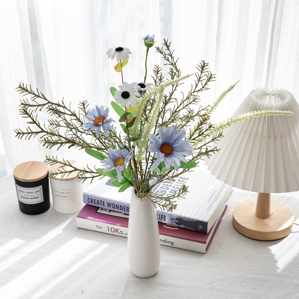 CF01252 Light Blue Daisy Chrysanthemum Gerbera with Sage Rosemary Handmade Artificial Flower Bouquet for Event Party Decoration