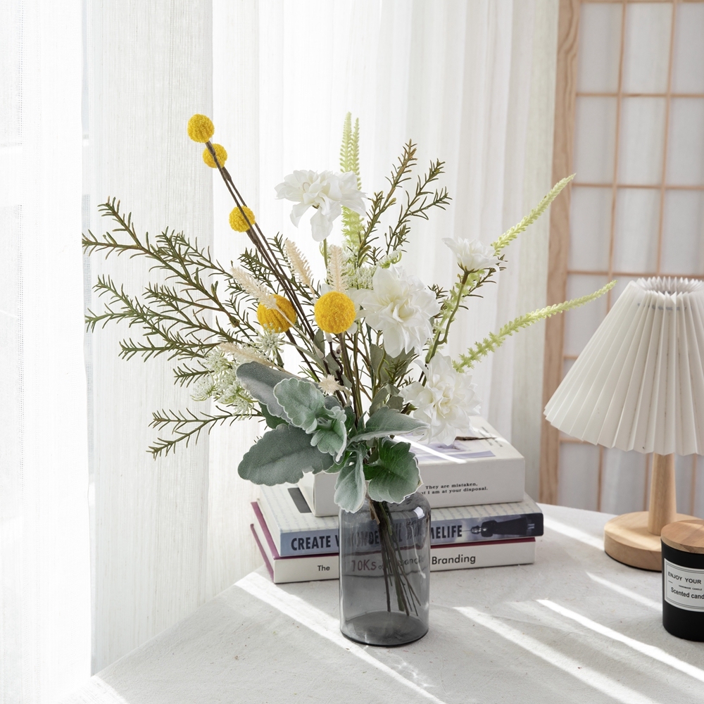 CF01249 New Design Wholesale Spring Summer Artificial Flower Bouquet Dahlia Dandelion Silverleaf Bouquet for Decoration