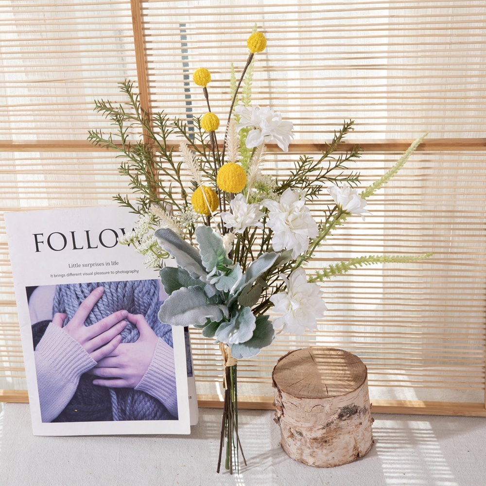 CF01249 New Design Wholesale Spring Summer Artificial Flower Bouquet Dahlia Dandelion Silverleaf Bouquet for Decoration