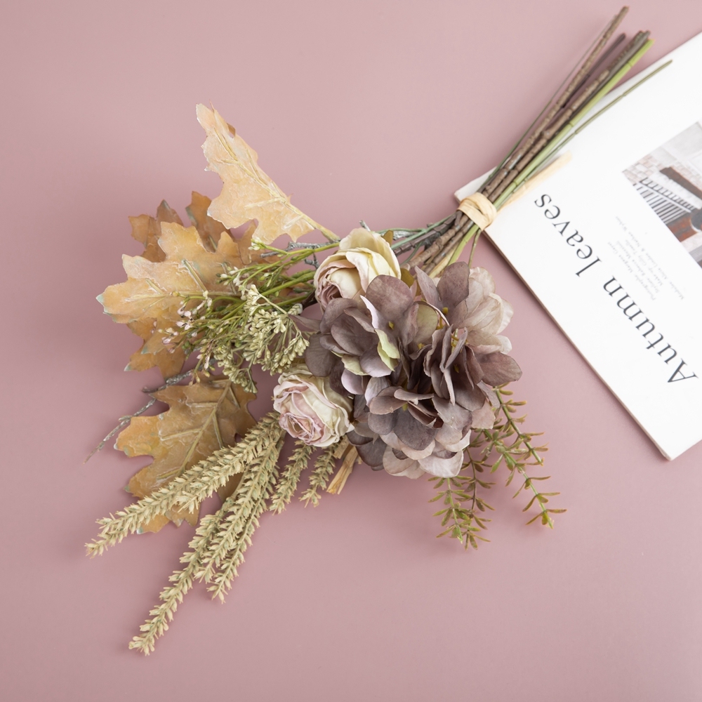 CF01210 Factory Direct Sale Artificial Flower Hydrangea Dry-burnt Rose Acorn Leaf Bouquet for Home Party Wedding Decoration