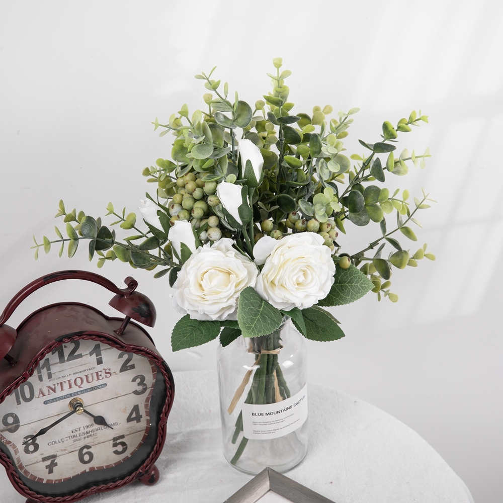 DY1-2299 Artificial Flowers Silk Roses Plants Eucalyptus Leaves Berries Flower Arrangements Decorations for Home decoration
