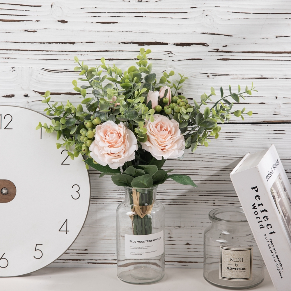DY1-2299 Artificial Flowers Silk Roses Plants Eucalyptus Leaves Berries Flower Arrangements Decorations for Home decoration