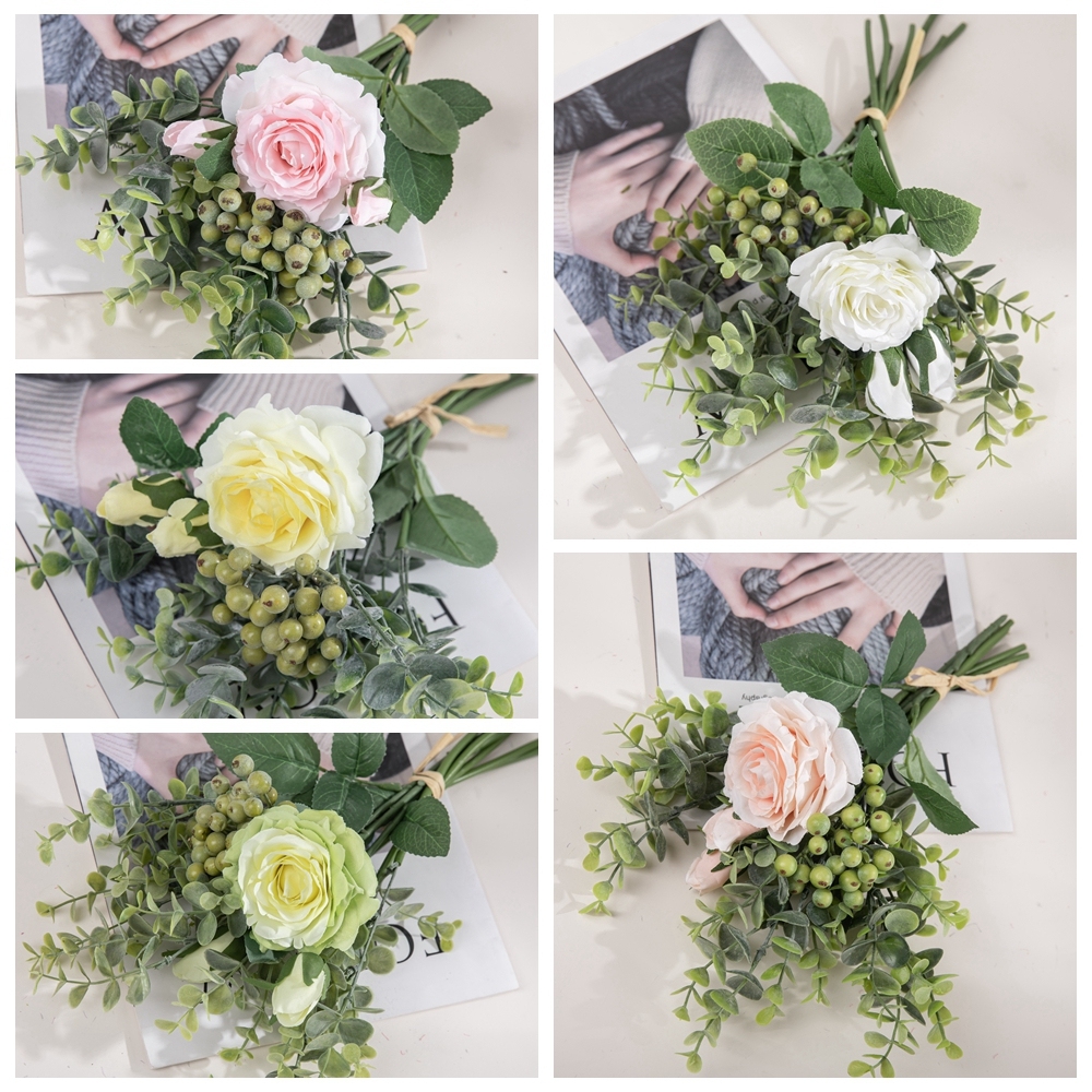 DY1-2299 Artificial Flowers Silk Roses Plants Eucalyptus Leaves Berries Flower Arrangements Decorations for Home decoration