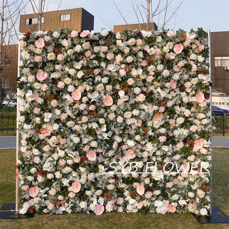 #BD095 Customized 3D/5D Cloth Back Roll up Articifial Flower Wall Backdrop For Wedding Event Party Decoration
