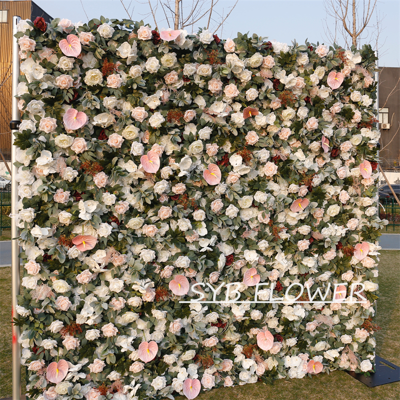#BD095 Customized 3D/5D Cloth Back Roll up Articifial Flower Wall Backdrop For Wedding Event Party Decoration