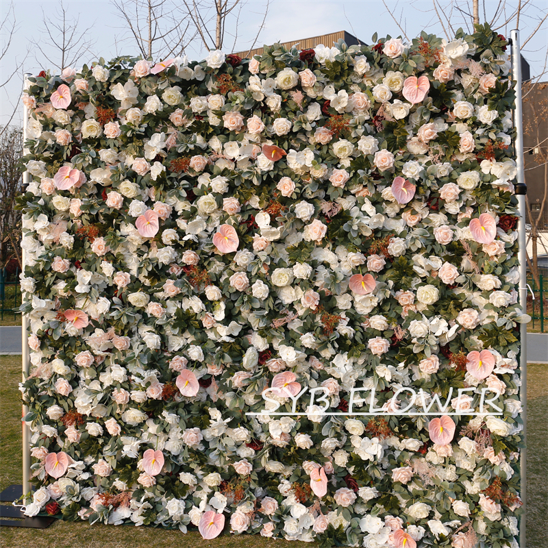 #BD095 Customized 3D/5D Cloth Back Roll up Articifial Flower Wall Backdrop For Wedding Event Party Decoration