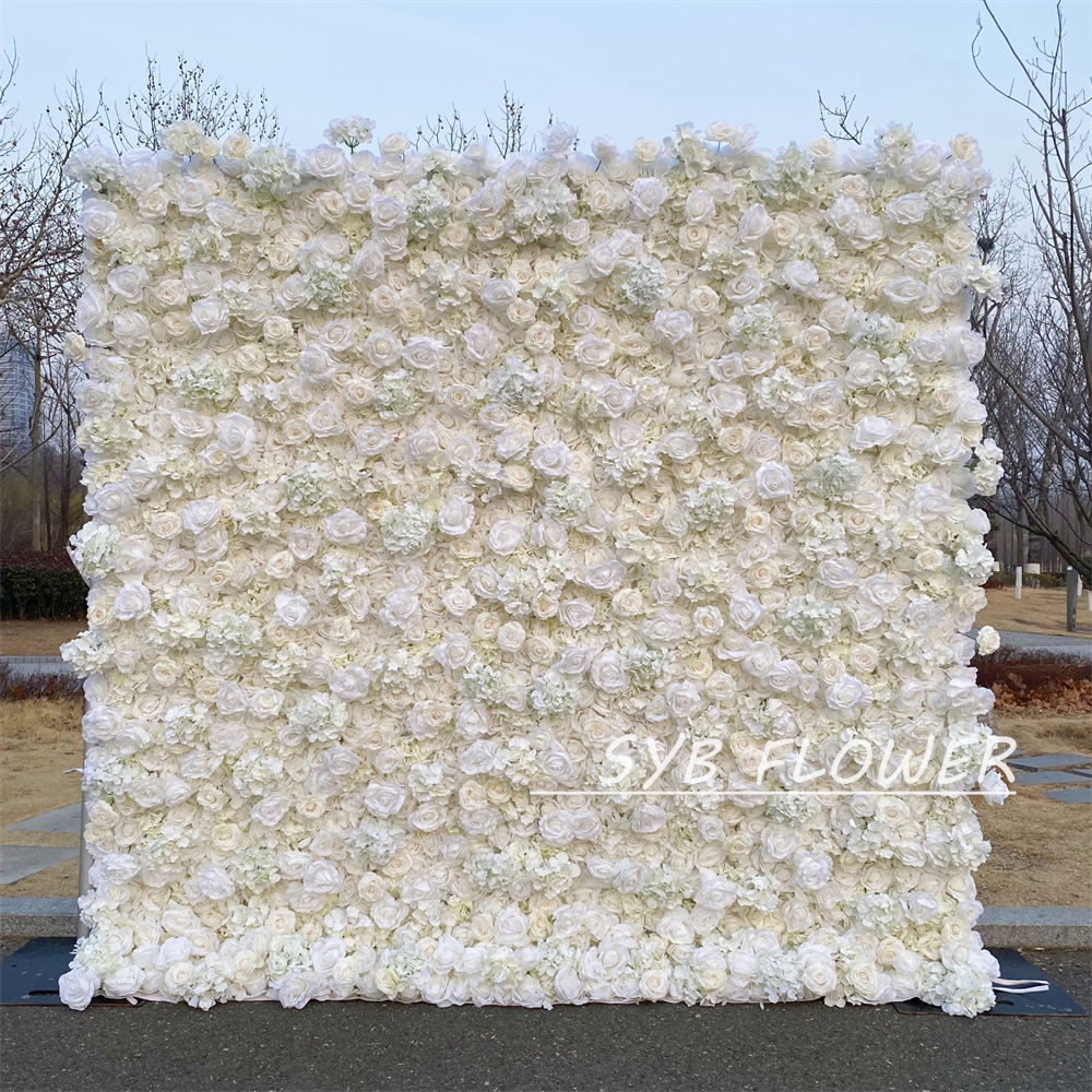 #390 SYB FLOWER Customized 3D/5D white Cloth Back Roll up Artificial Flower Wall Backdrop For Wedding Event Party Decoration