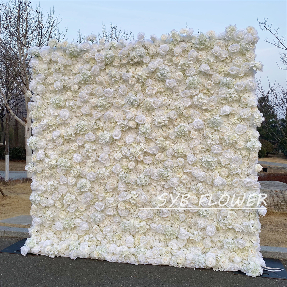 #390 SYB FLOWER Customized 3D/5D white Cloth Back Roll up Artificial Flower Wall Backdrop For Wedding Event Party Decoration